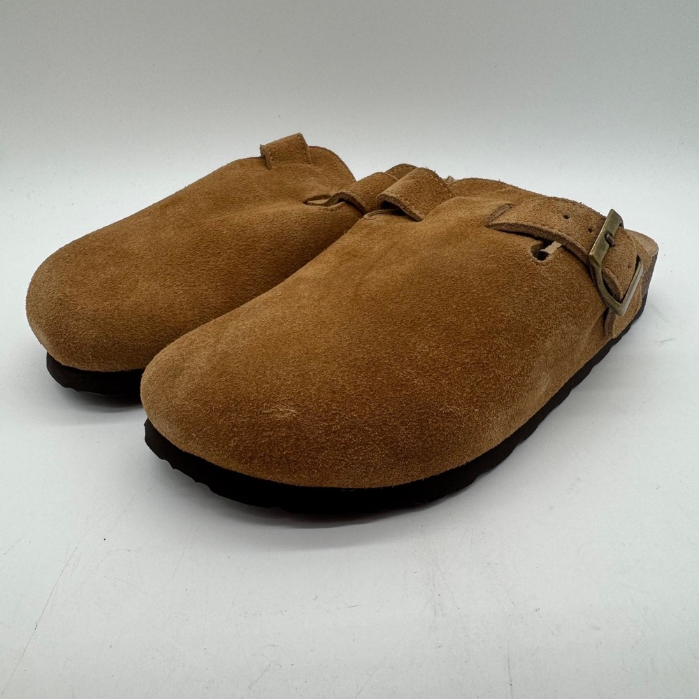 KIDMI Women's Suede Clogs Brown Buckle Cork Footbed Mules Size 8